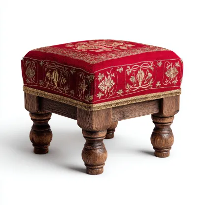 Pouf - tessuto-legno - 40x40x38 cm - rosso-oro-legno naturale - stile classico-Nestleia