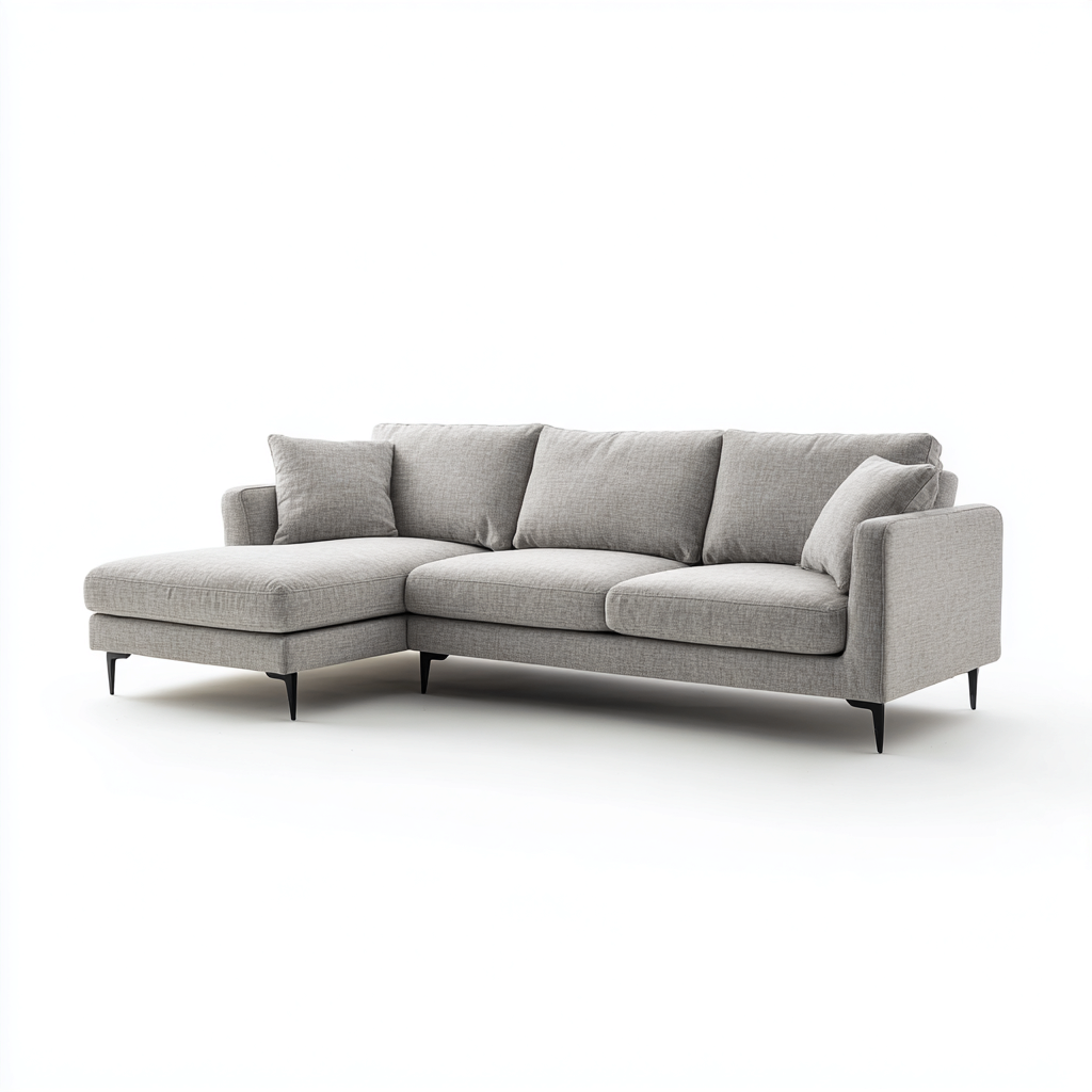 Divano angolare-tessuto-metallo-legno-265x160x81 cm-grigio chiaro-design moderno-Nestleia