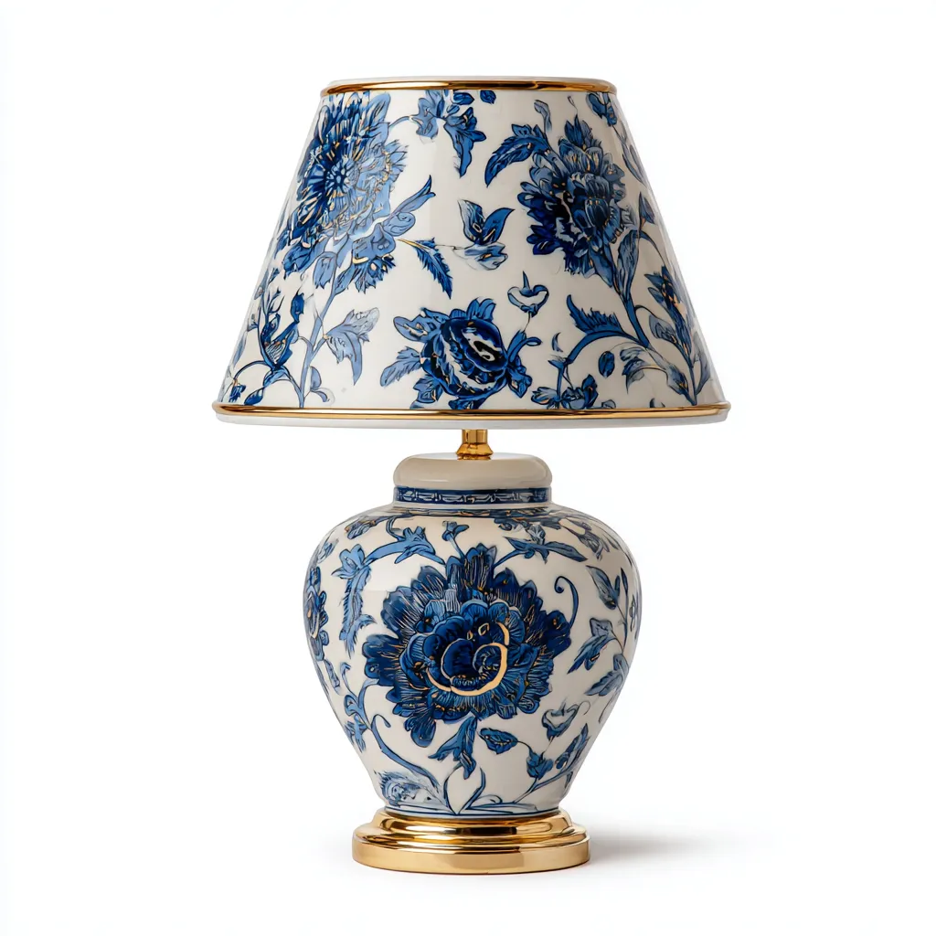 Lampada da tavolo - ceramica-tessuto-metallo - 27x27x47 cm - bianco-blu - stile classico-Nestleia