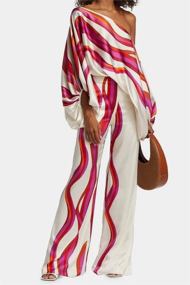 Unique Print Off-The-Shoulder Top And Loose Wide-Leg Pants Set