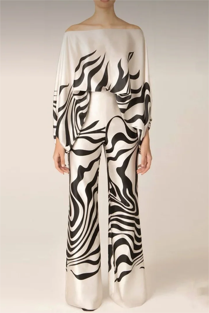 Unique Print Off-The-Shoulder Top And Loose Wide-Leg Pants Set