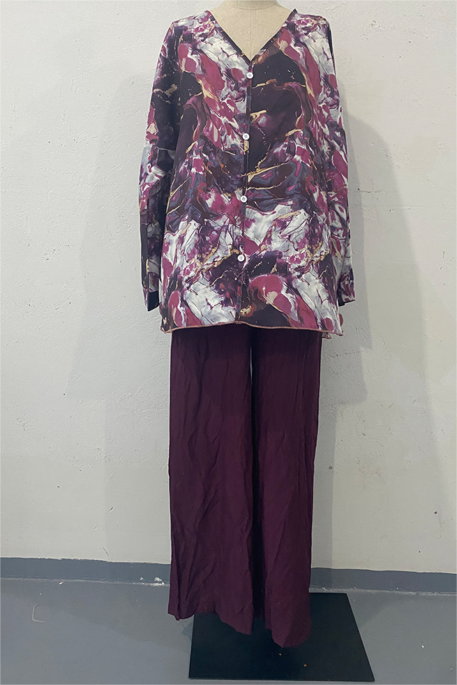 Hand-Painted Printed Shirt Wide-Leg Pants Suit