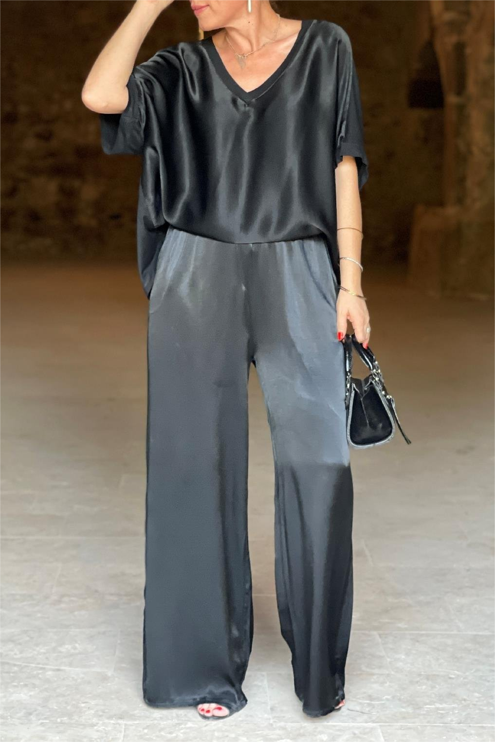 Women's Autumn Loose V-Neck Casual Tops Wide Leg Pants Fashion Suit