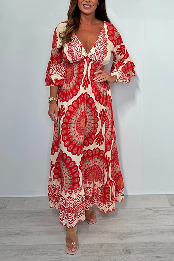 Aztec Print V-Neck Smocked Waist Bell Sleeve Dress