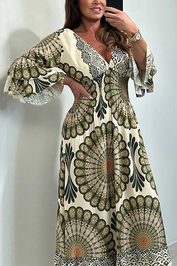Aztec Print V-Neck Smocked Waist Bell Sleeve Dress