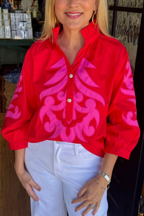  Abstract Puff Sleeve Top