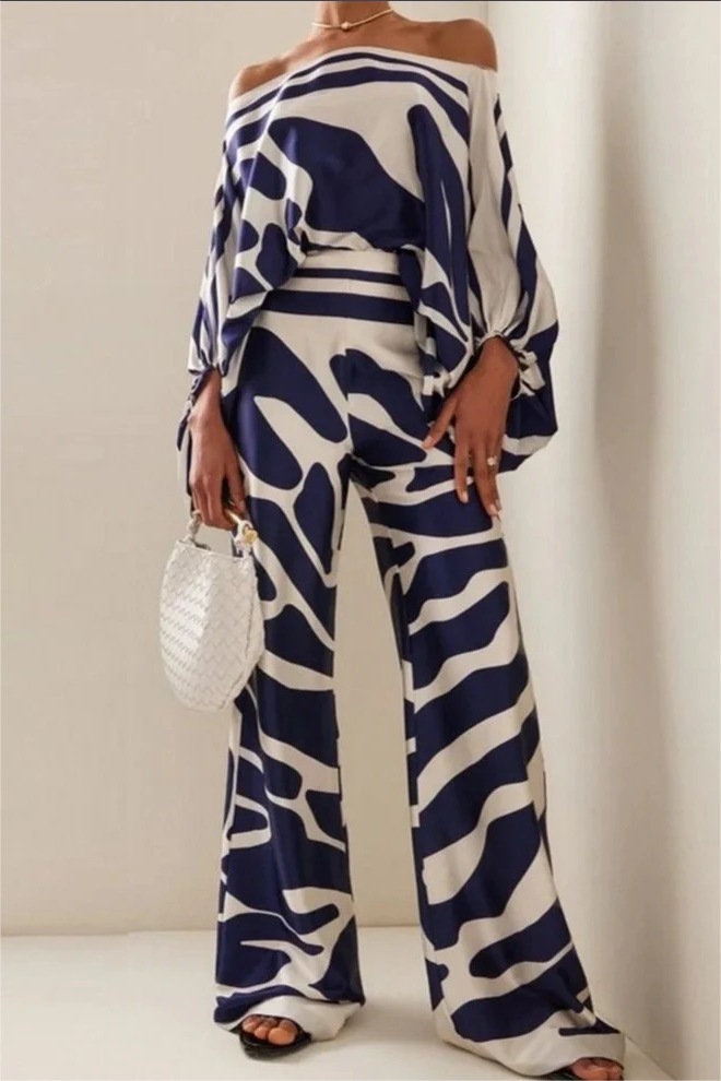 Unique Print Off-The-Shoulder Top And Loose Wide-Leg Pants Set