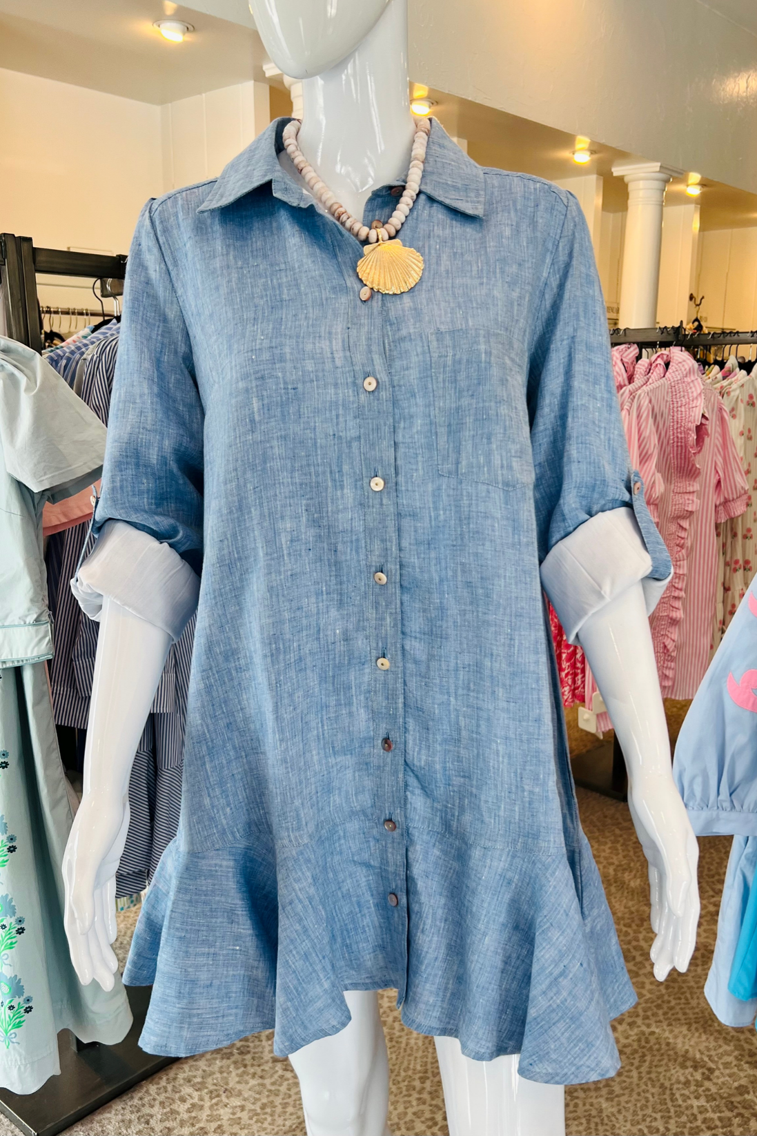 3/4 Sleeve Relaxed Linen Shirt Dress