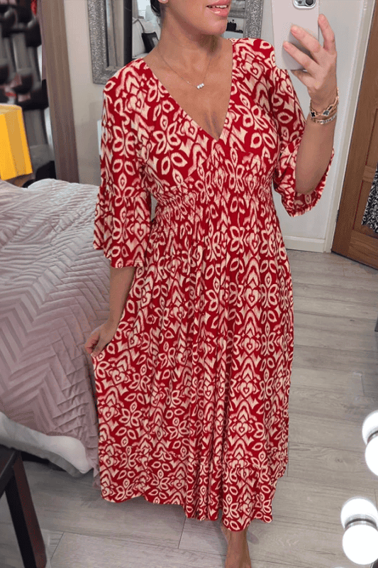 Bohemian Casual Print V-neck Shirred Waist Long Dress