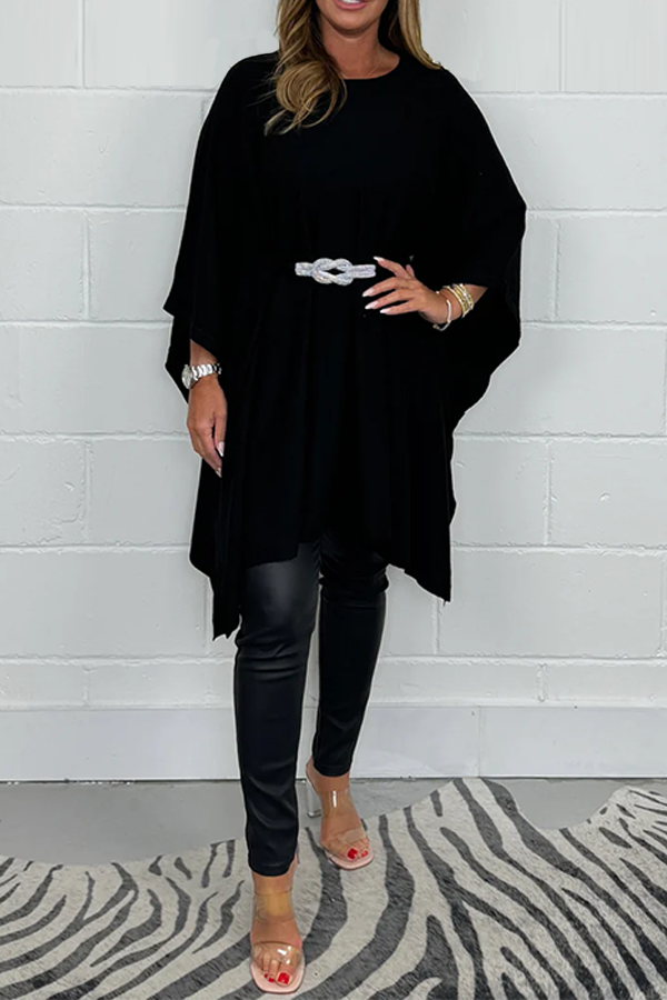 Black Soft Knit Diamante Knot Tie Belt Tunic Poncho