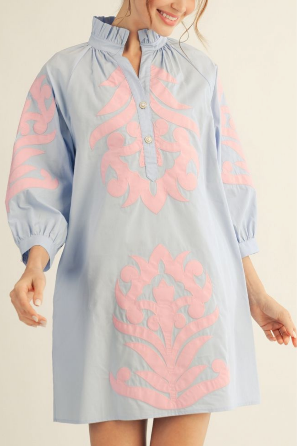 Embroidered stand-collar dress