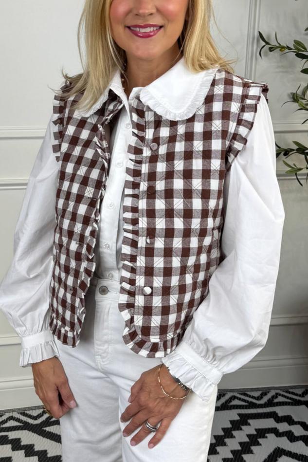 Checked pattern vest with ruffled trim