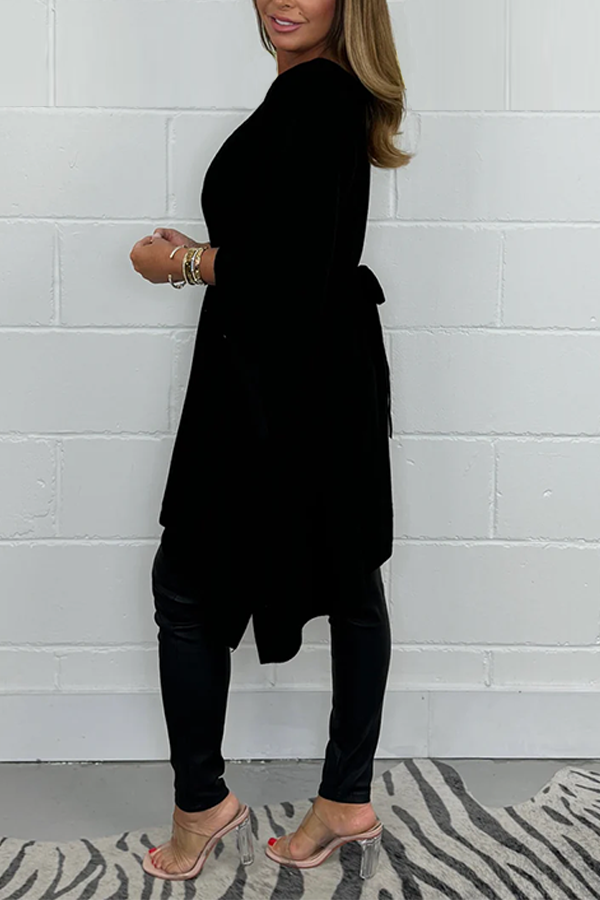Black Soft Knit Diamante Knot Tie Belt Tunic Poncho