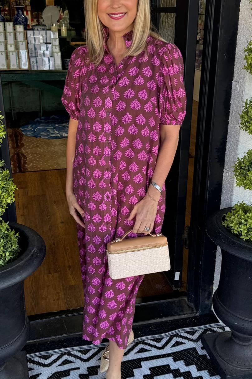 Printed stand-collar midi dress