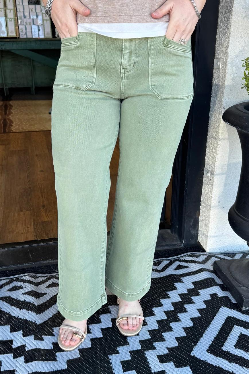 Distressed Green Ultra-High-Waisted Cropped Wide-Leg Pants