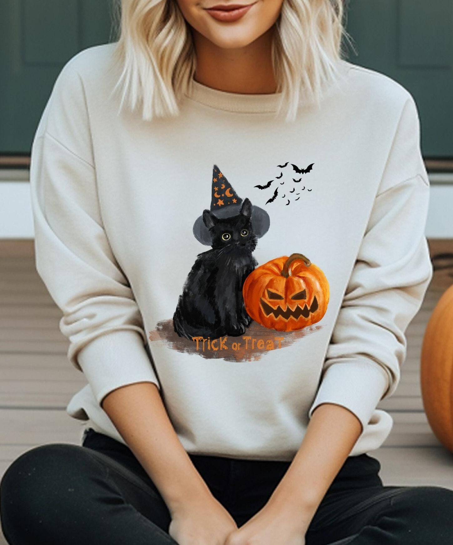Naughty Black Cat And Pumpkin Crew Neck Sweatshirt