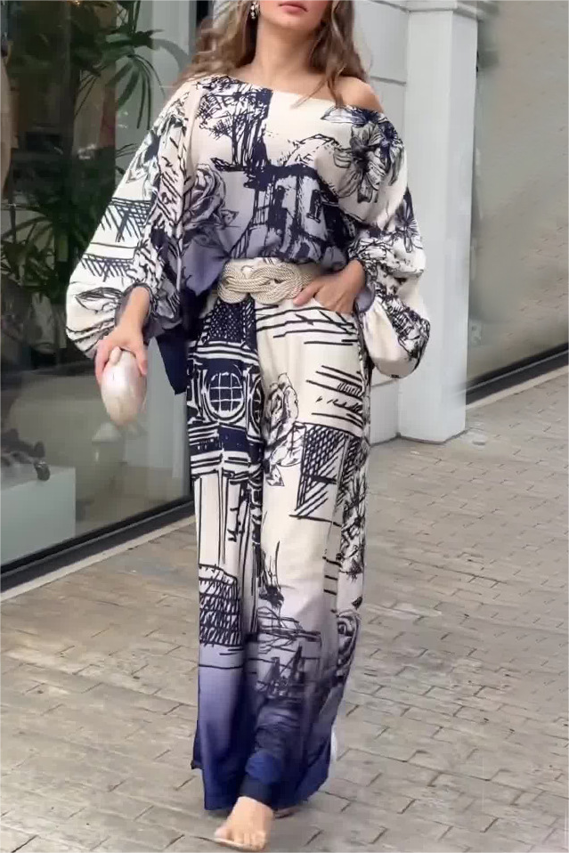 Printed Long-Sleeved Wide-Leg Pants Suit