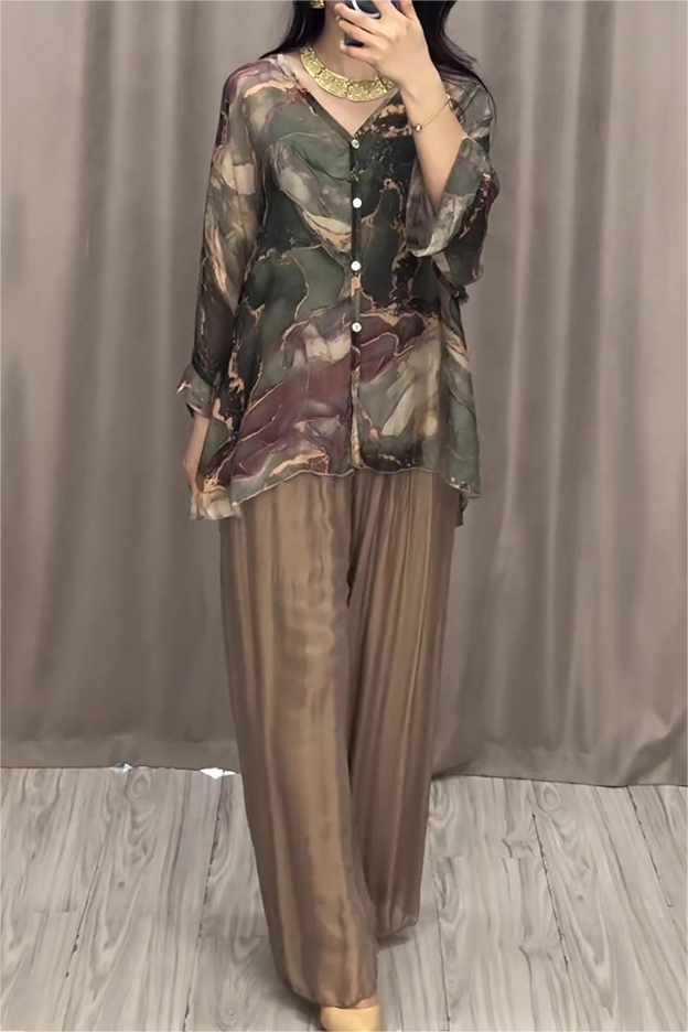 Hand-Painted Printed Shirt Wide-Leg Pants Suit