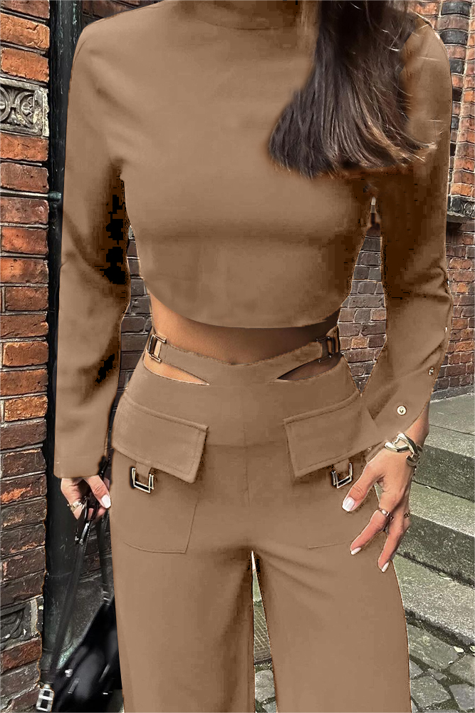 Solid Color High Collar Long Sleeve Cross Two Piece Suit