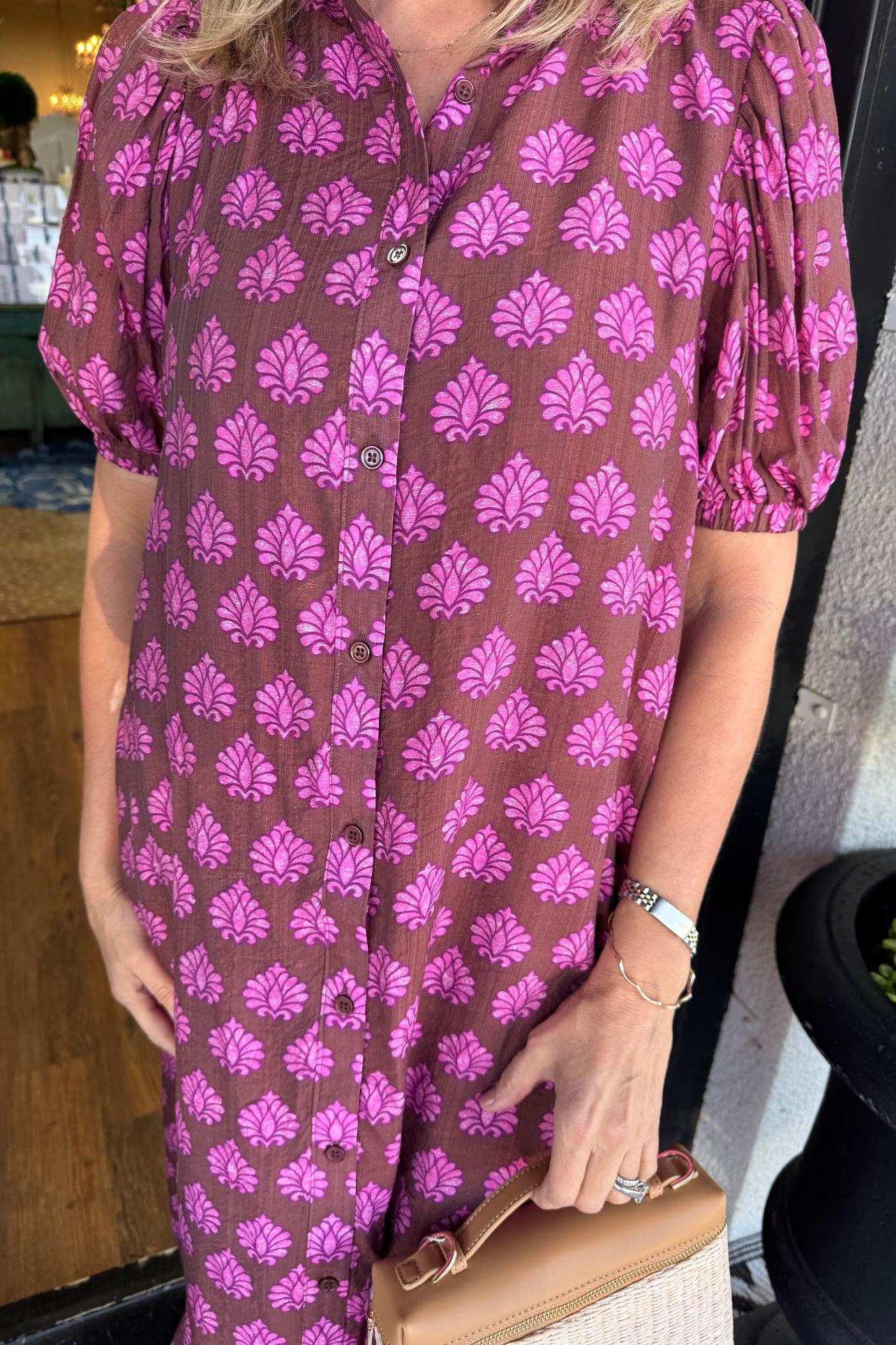 Printed stand-collar midi dress