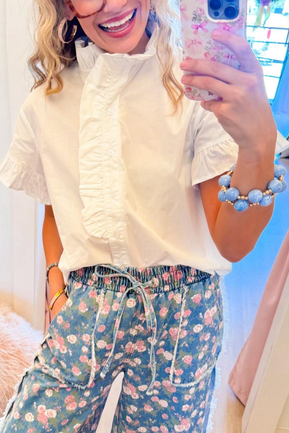 Off White Ruffled Button Up Top