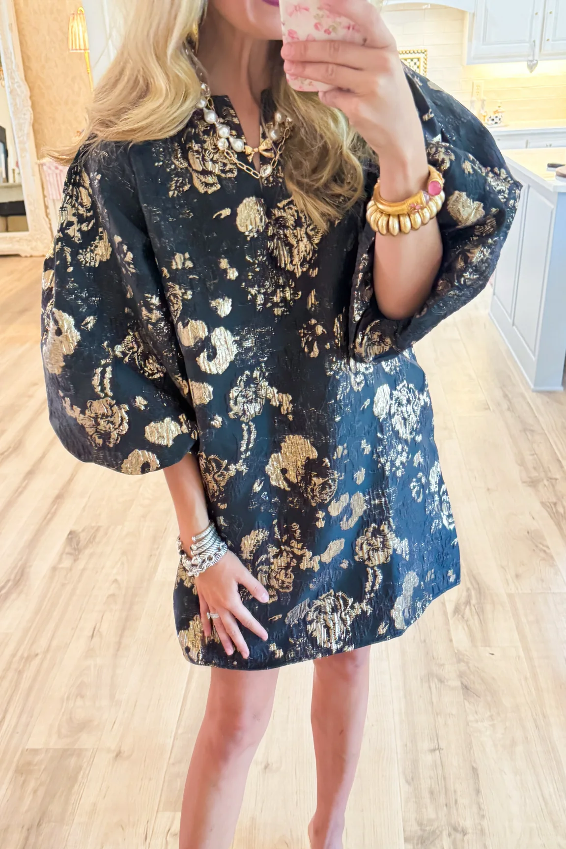 Black Gold Accent Jacquard Shift Dress