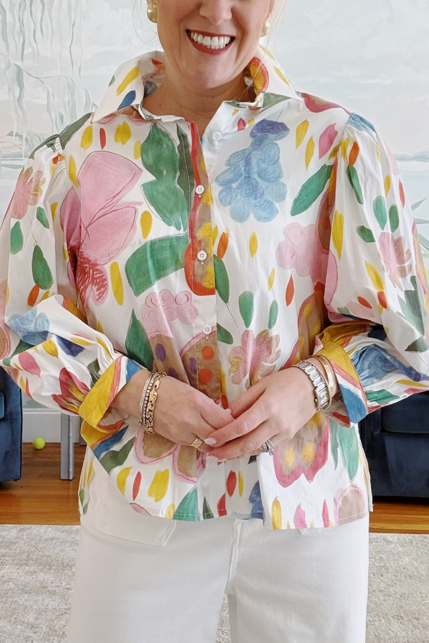 Printed puff sleeve cotton top