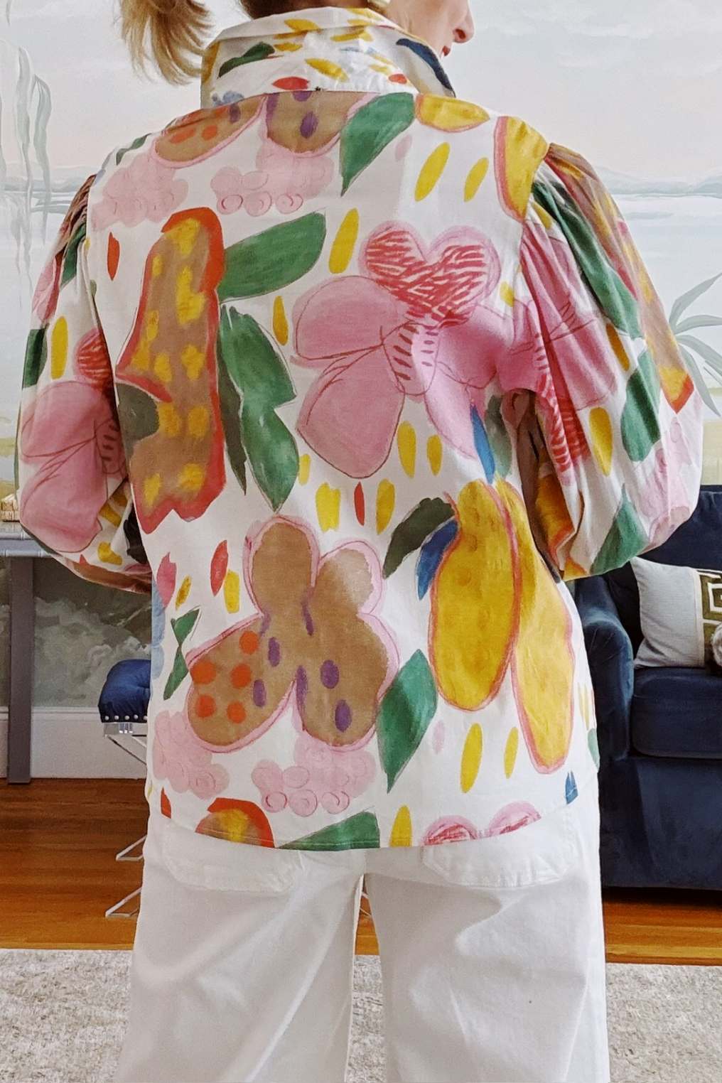 Printed puff sleeve cotton top