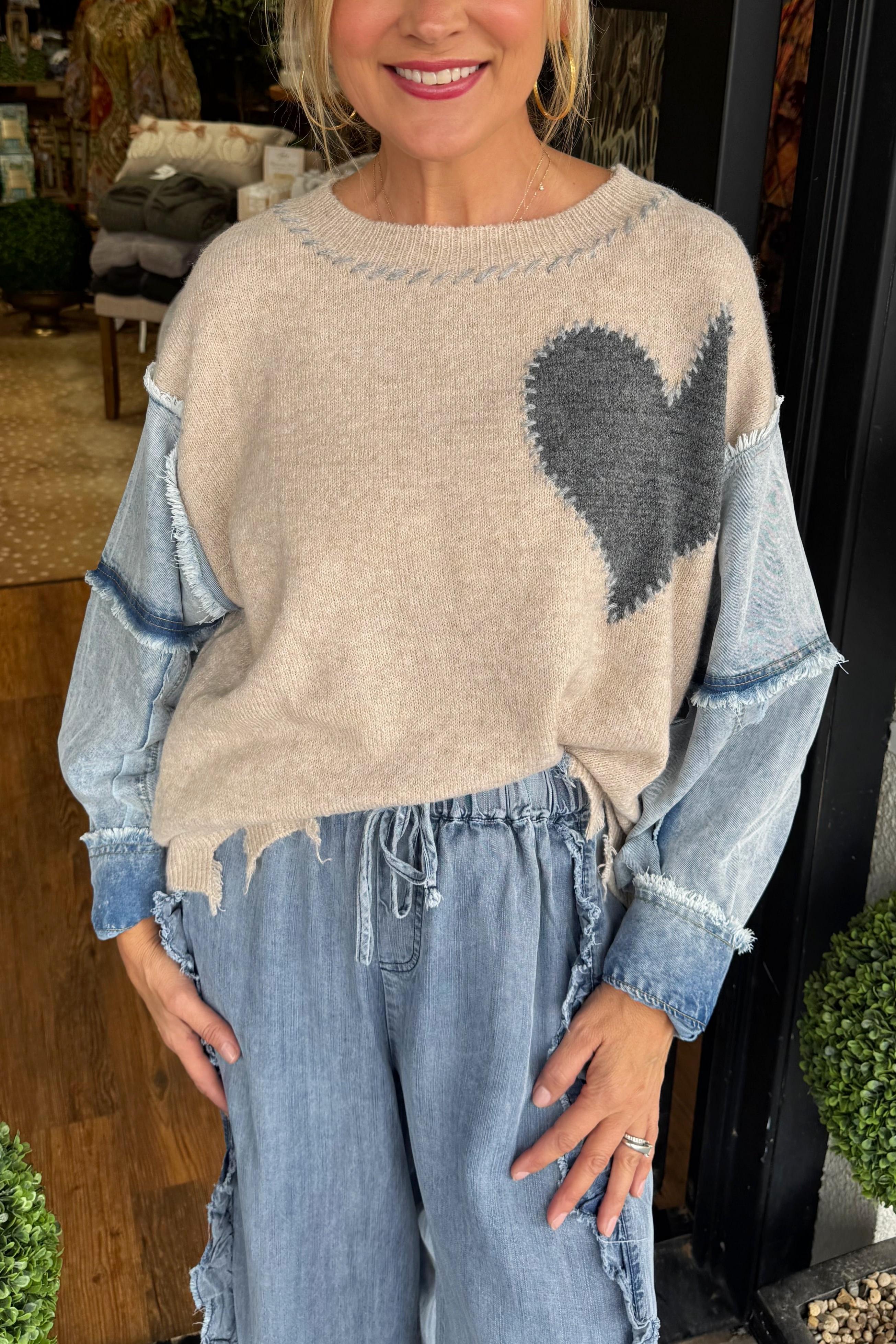 Heart-patterned patchwork knitted sweater