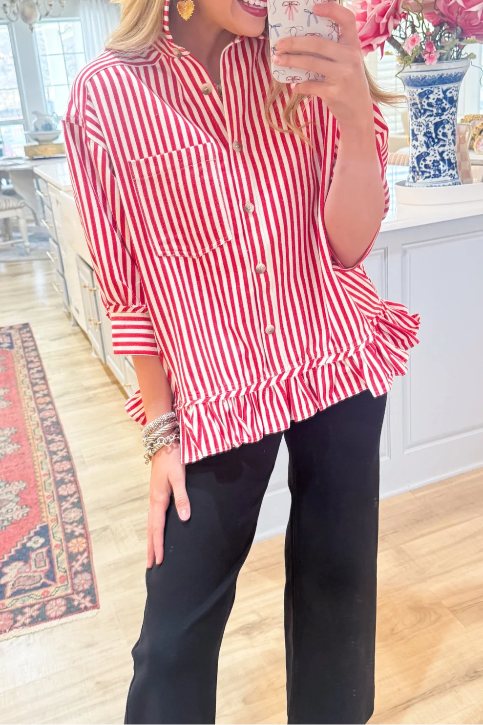 Striped Ruffled Twill Top