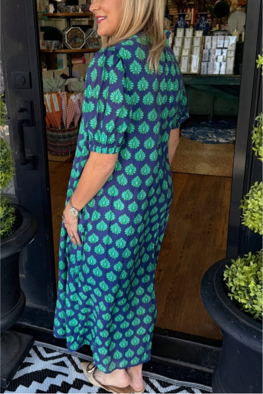 Printed stand-collar midi dress