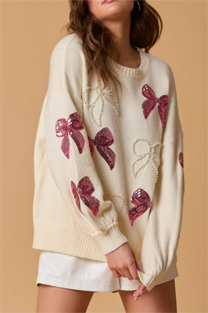 Sequin Bow & Pearl  Sweater