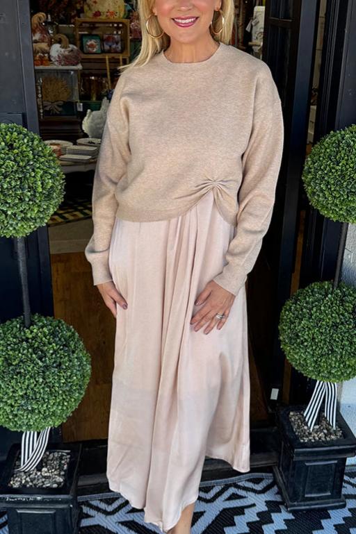 Two-piece set: knitted pleated sweater and satin midi dress