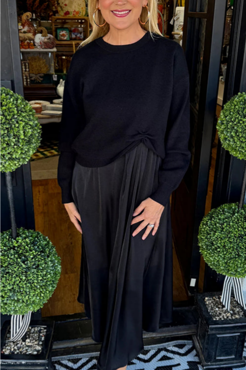 Two-piece set: knitted pleated sweater and satin midi dress