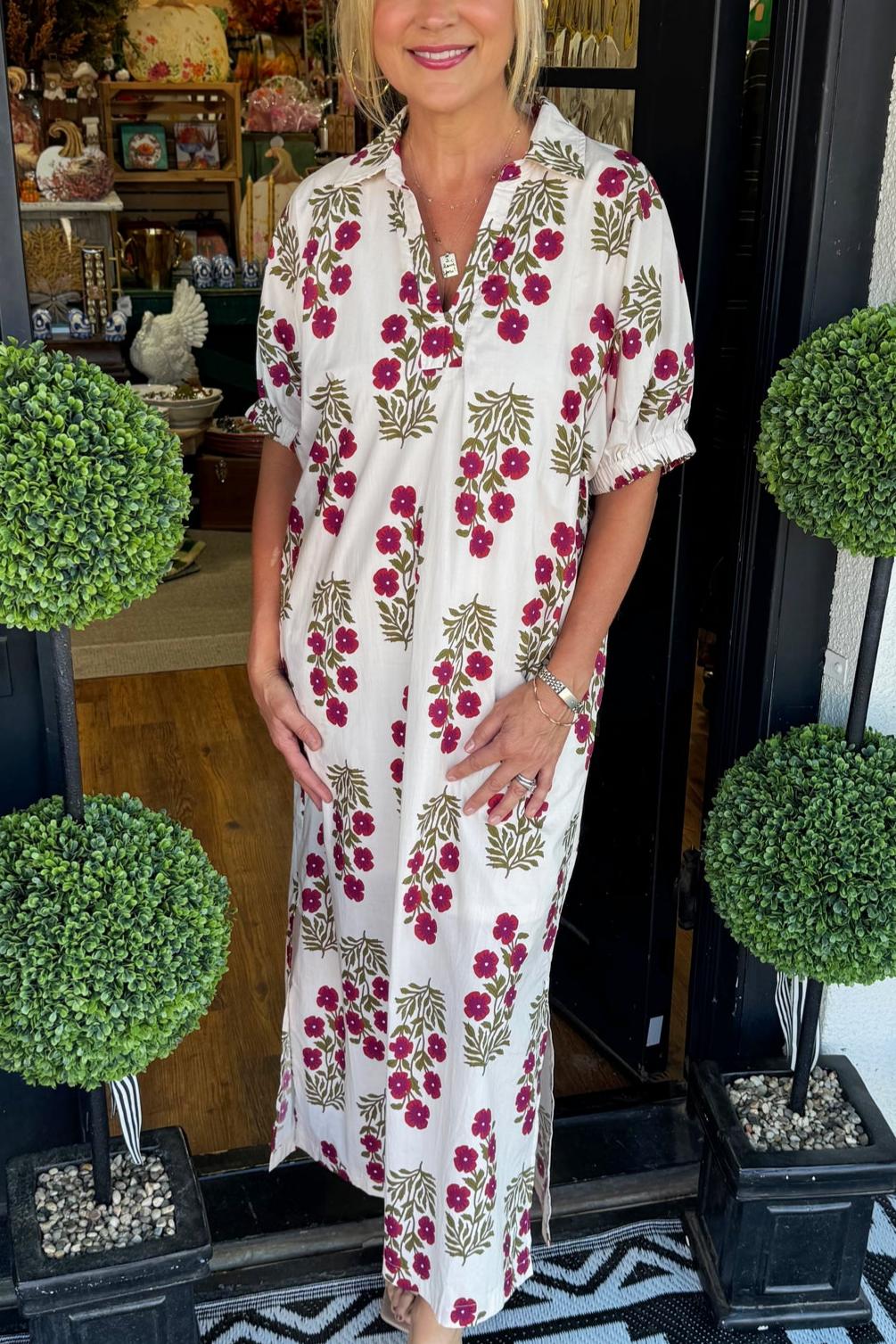 Floral print loose-fitting shirt dress