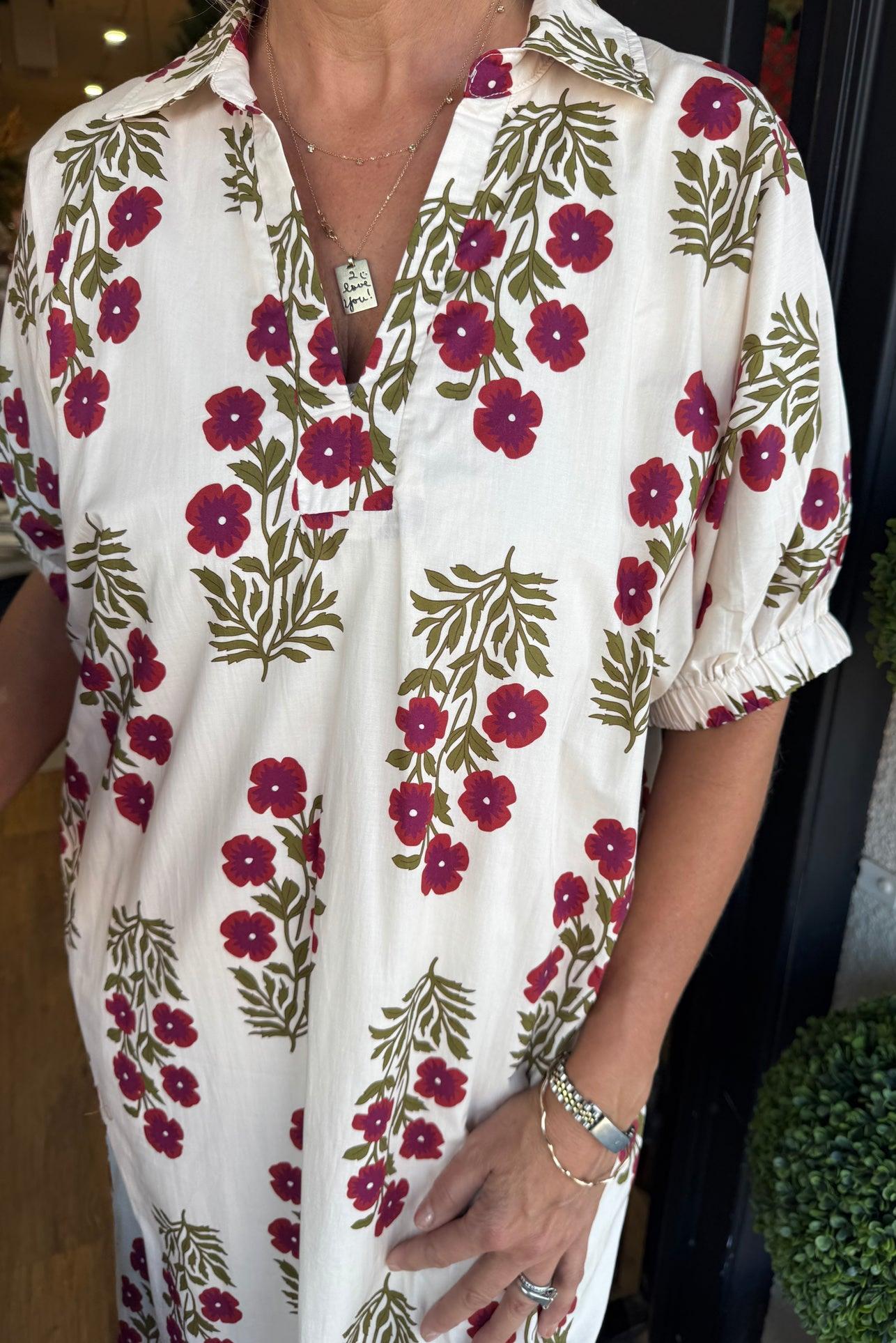 Floral print loose-fitting shirt dress