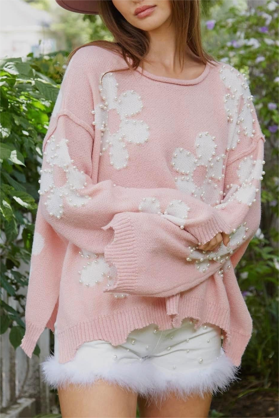 Flower Pattern Pearl Detail Rolled Slit Sweater