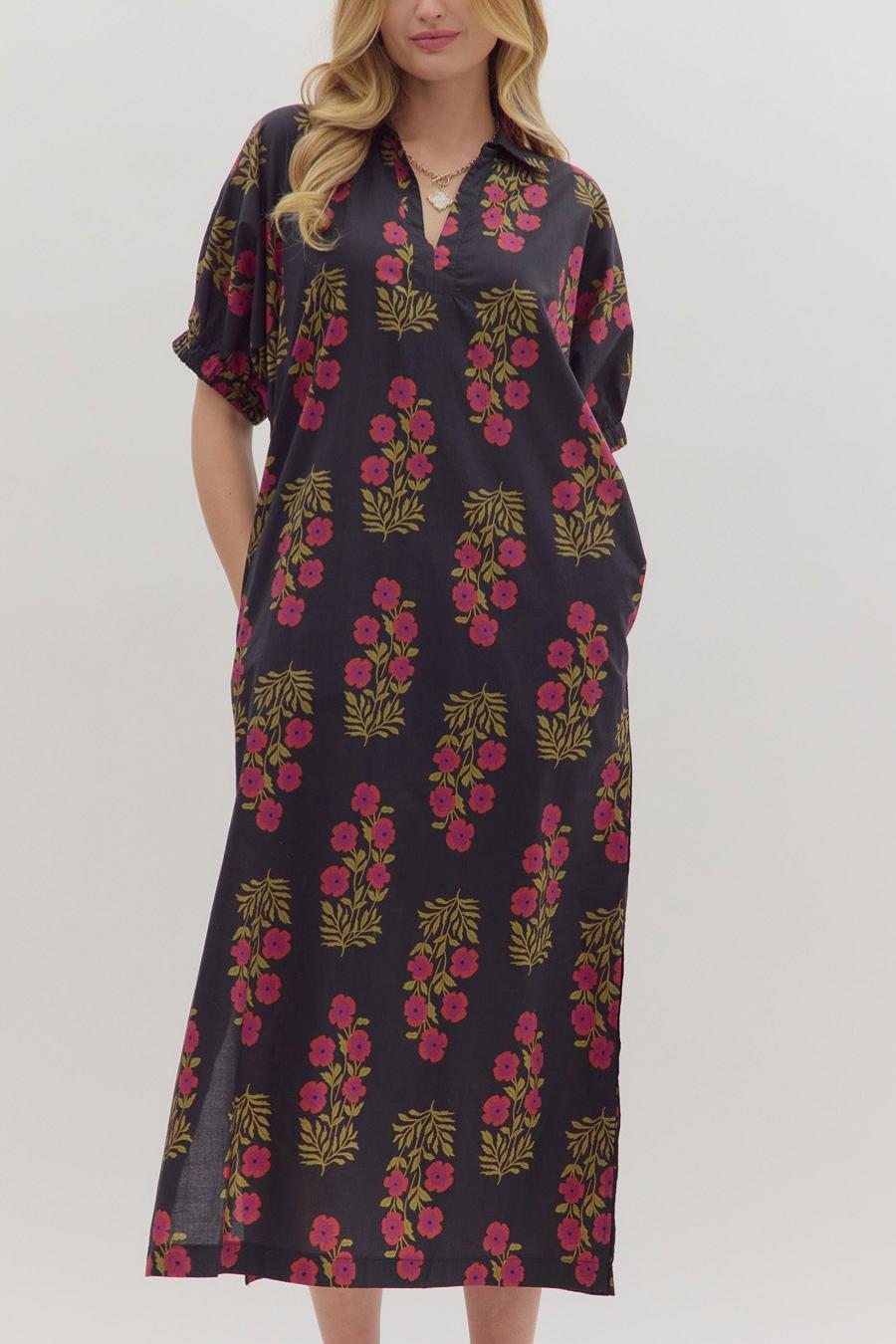 Floral print loose-fitting shirt dress