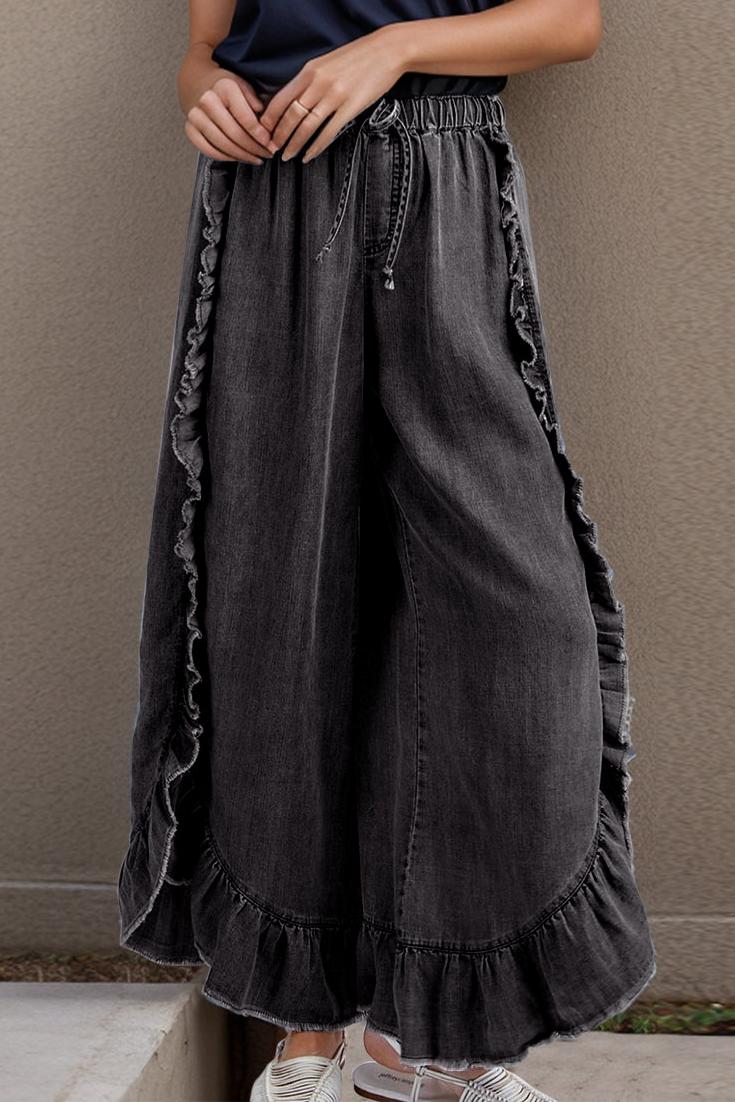 Drawstring Ruffled Wide Leg Jeans