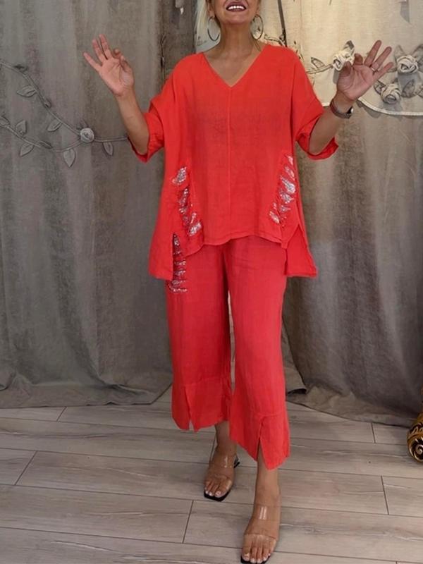 V-Neck Sequined Leisure Suit