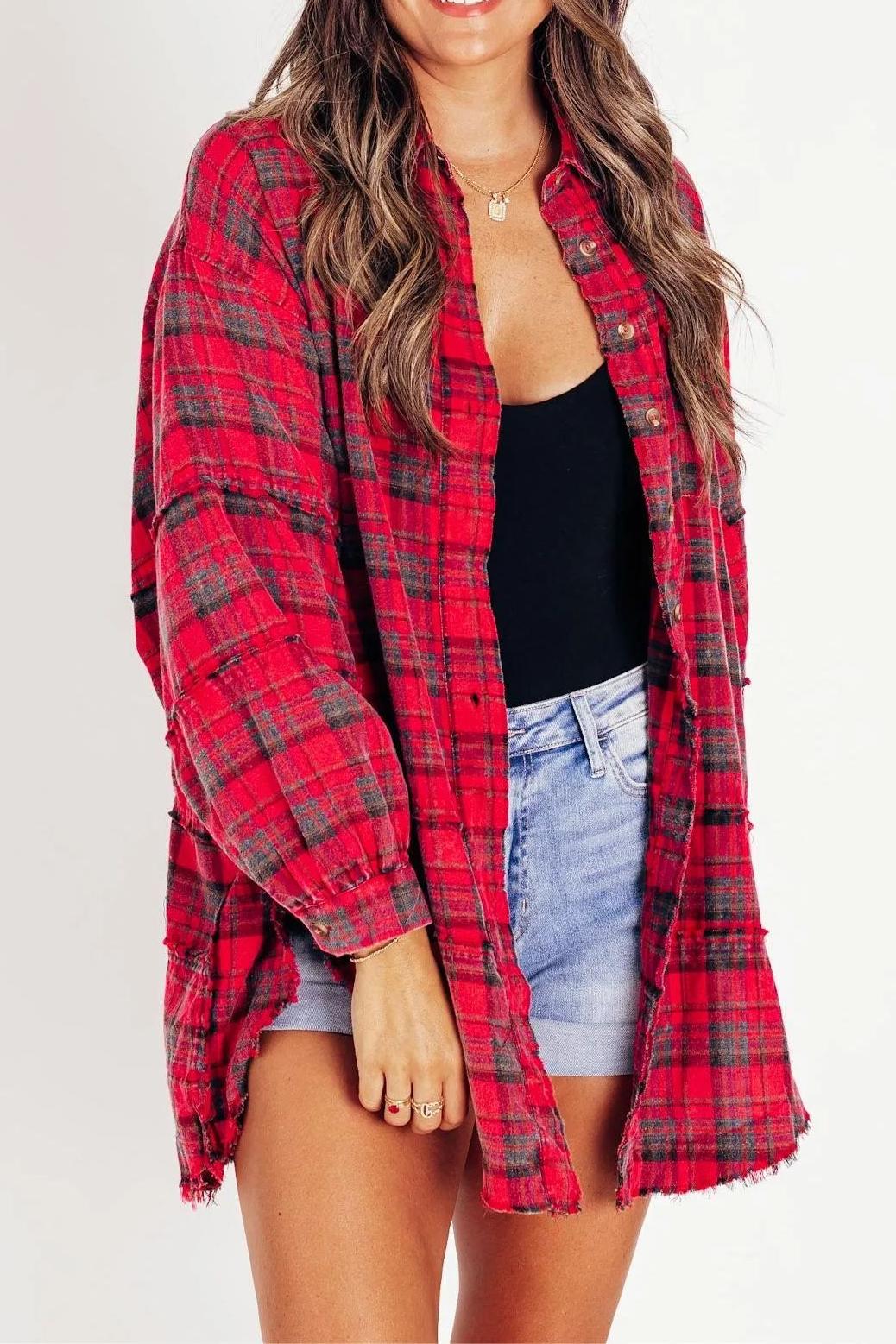 Button Down Mineral Washed Round Frayed Hem Plaid Shirt