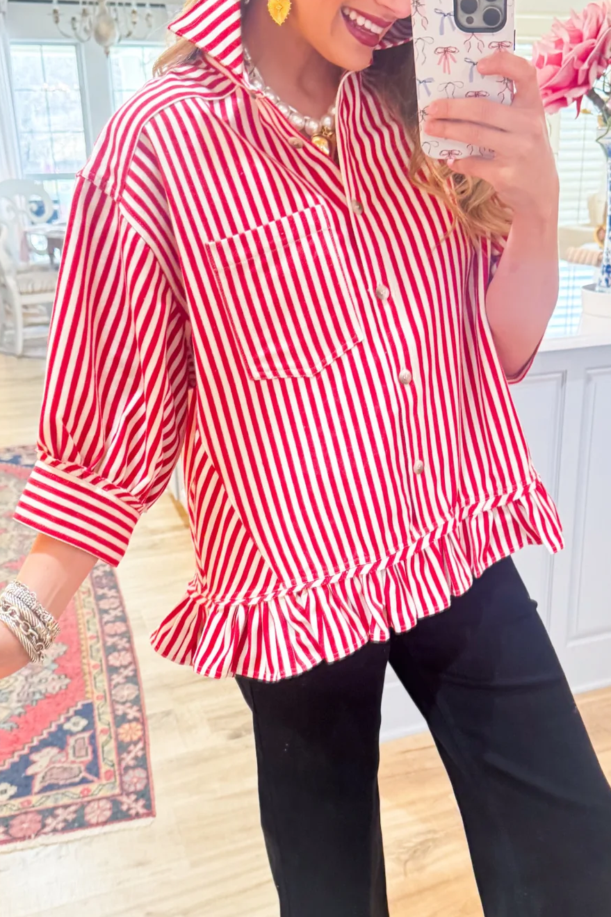 Striped Ruffled Twill Top