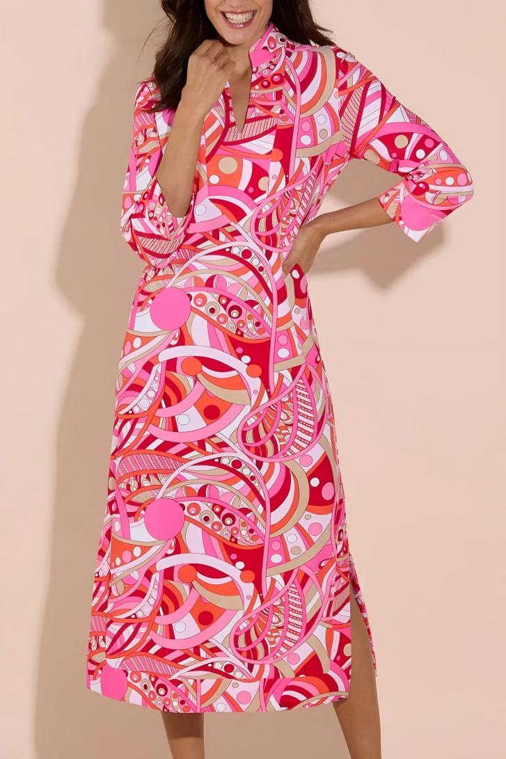 V-neck three-quarter sleeve waist-cinching dress