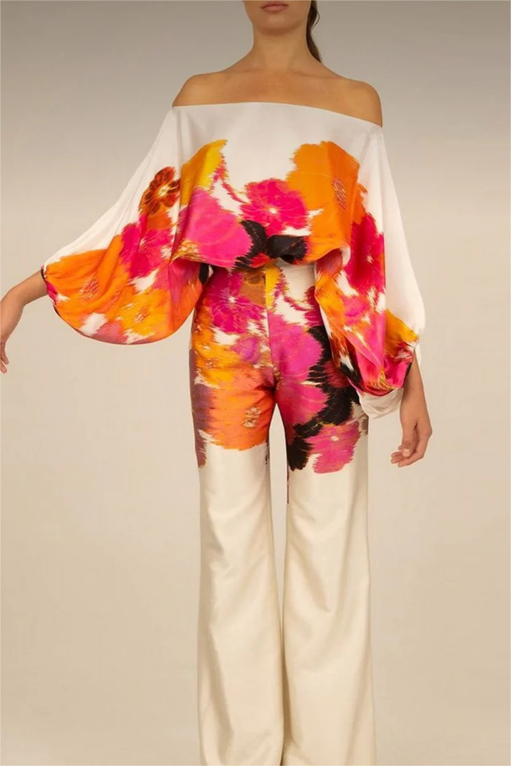 Unique Print Off-The-Shoulder Top And Loose Wide-Leg Pants Set