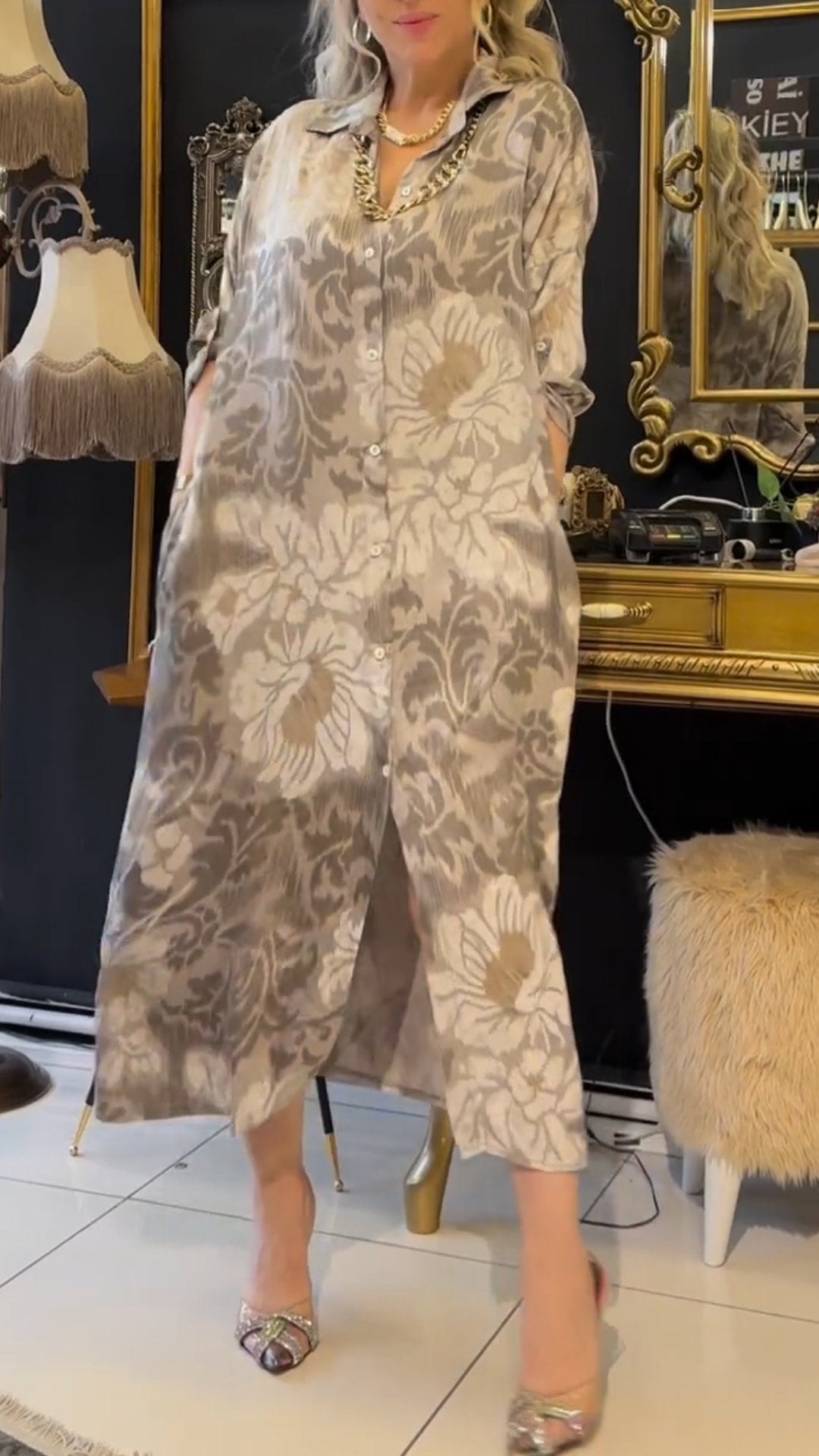 Women's Lapel Sleeve Printed Casual Dress