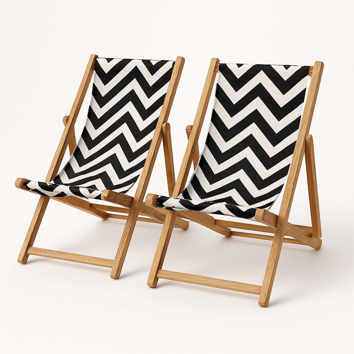Set of 2 Wooden Deck Chairs with Black and White Zigzag Pattern Canvas-Xaliveron