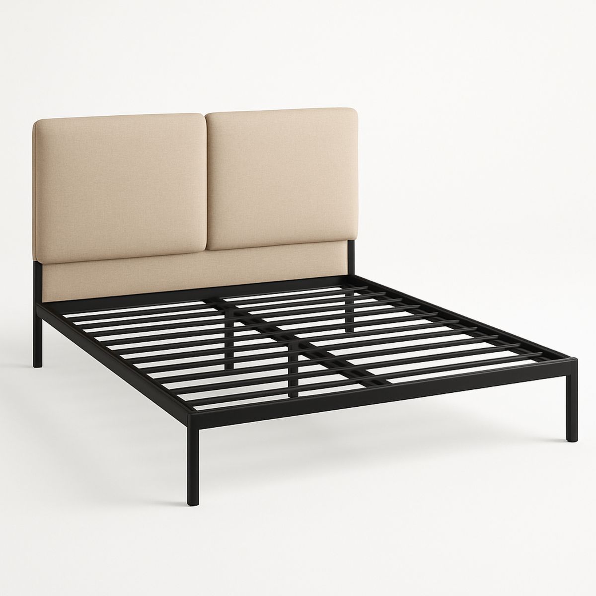 Queen Metal Bed Frame with Beige Fabric Upholstered Headboard-Zorilenta