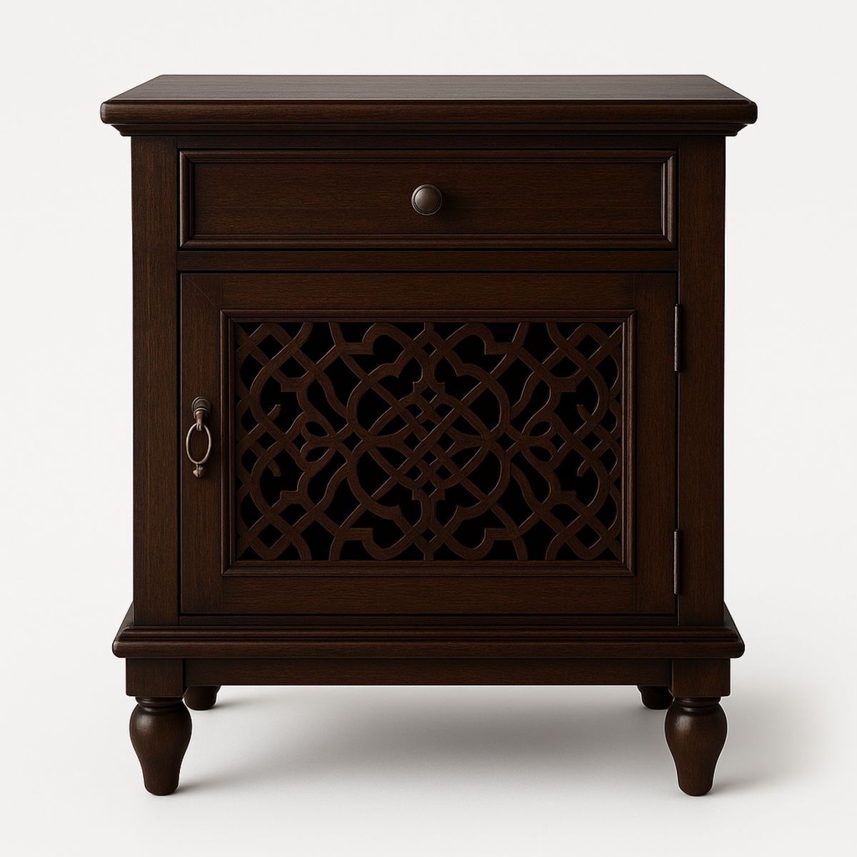 Dark Wood Nightstand with Drawer and Carved Door-Zorilenta