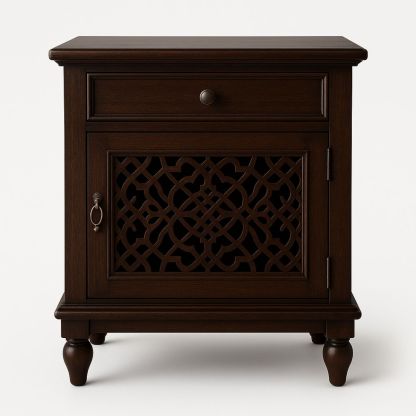 Dark Wood Nightstand with Drawer and Carved Door-Zorilenta