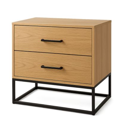 Wood Veneer Bedside Table with Metal Frame in Oak/Black 50cm-Zorilenta